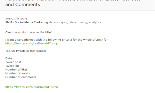 Client says, As it says in the title! I want a spreadsheet with the following criteria for the whole of 2017 for https://twitter.com/realDonaldTrump Top 50 tweets in that period Date Tweet post Tweet like Number of likes Number retweets Number of comments https://twitter.com/realDonaldTrump